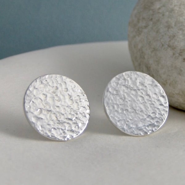 Sterling Silver Round Disc Ear Stud Earrings 15mm Hammered-Sparkly - Handmade UK