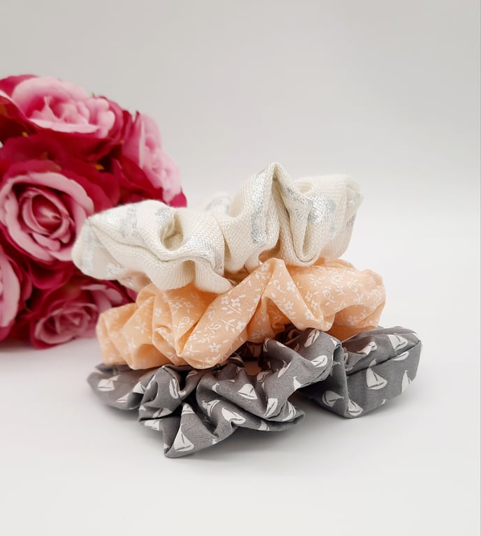 Hair scrunchie set, peach, grey sail boats and cream silver foil.  