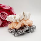 Hair scrunchie set, peach, grey sail boats and cream silver foil.  