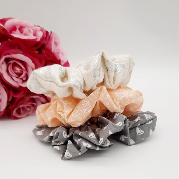 Hair scrunchie set, peach, grey sail boats and cream silver foil.  