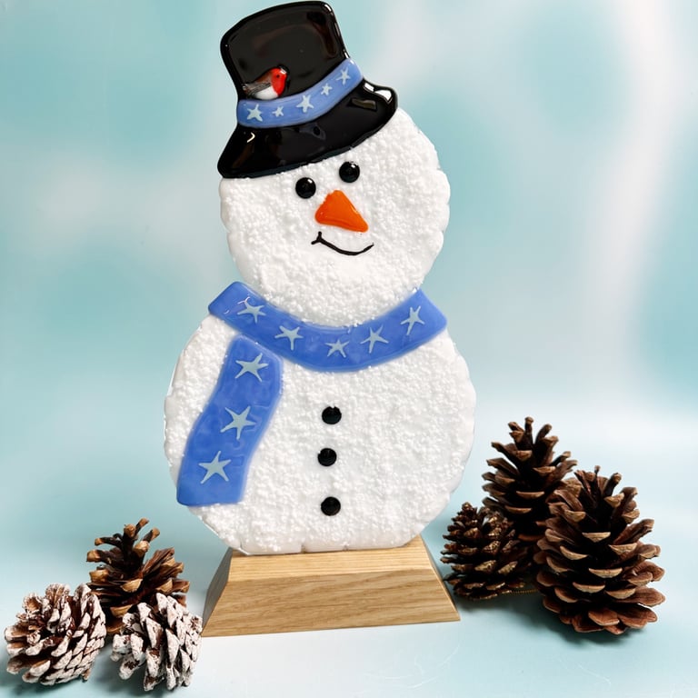 Large Fused Glass Snowman on Stand
