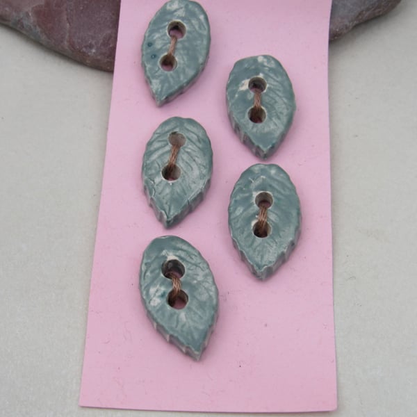 5 Small Leaf Shaped Sage Green Ceramic Buttons