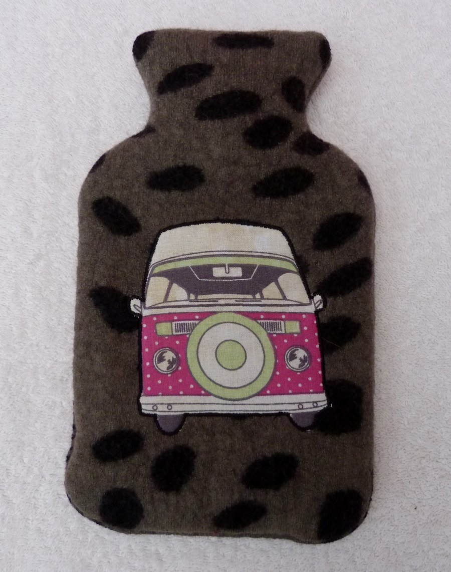 Merino Wool Hot Water Bottle Cover with Machine Applique VW Camper Design. Pink.