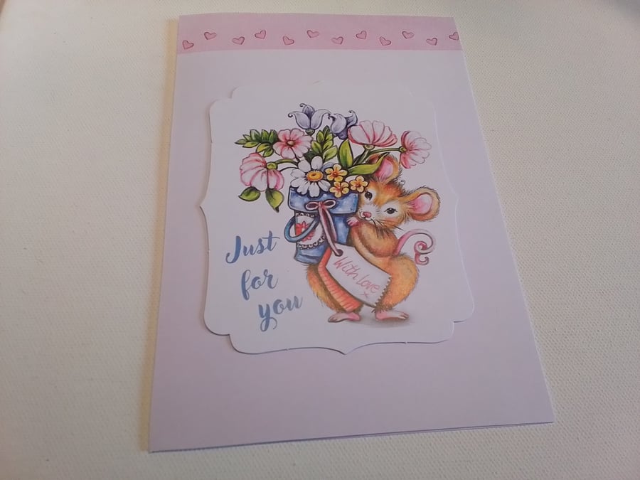 Handmade card. Any occasion card. Mouse and flowers. Ref 087
