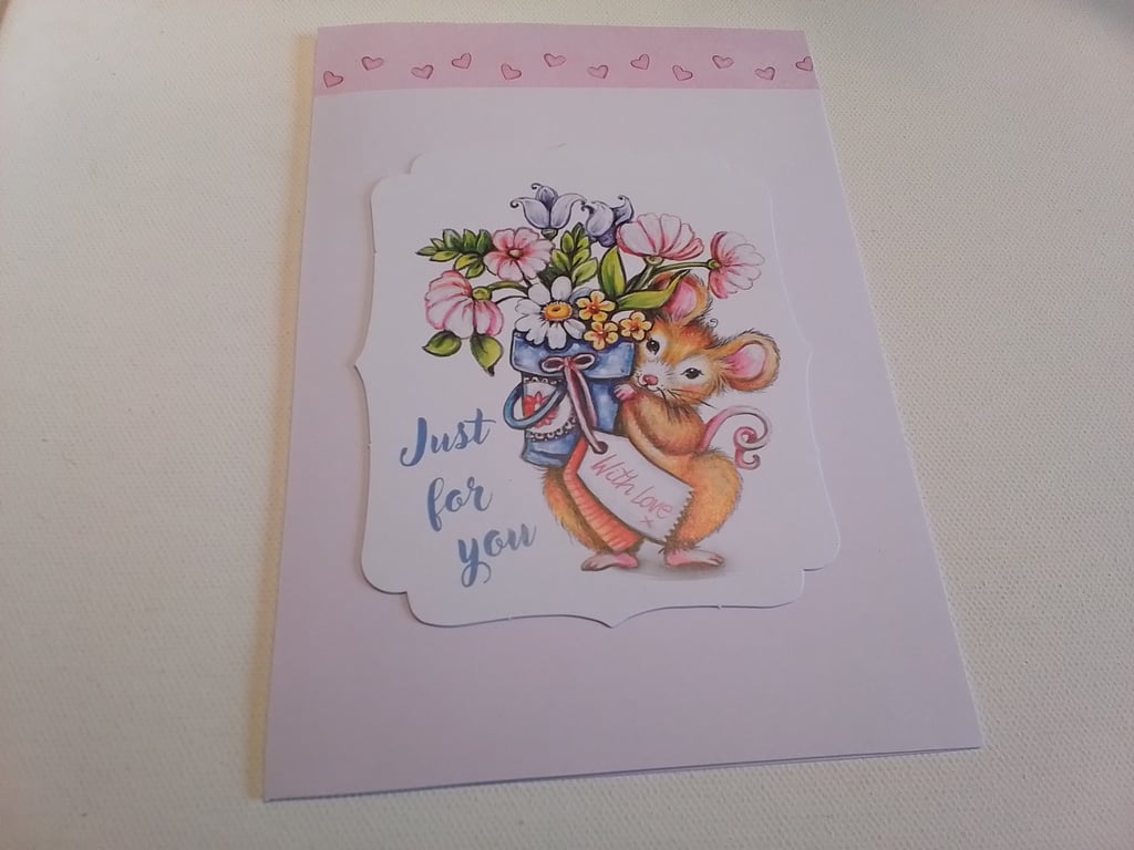 Handmade card. Any occasion card. Mouse and flowers. Ref 087