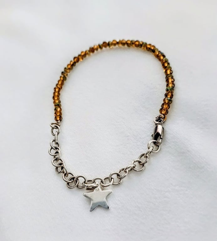 Handmade Sterling Silver & Amber Crystal Beaded Star Charm Bracelet