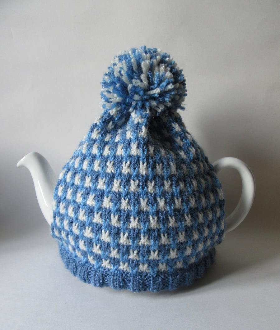 Hand knitted cornish blue tweed tea cosie