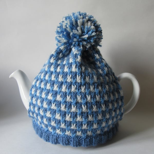 Hand knitted cornish blue tweed tea cosie