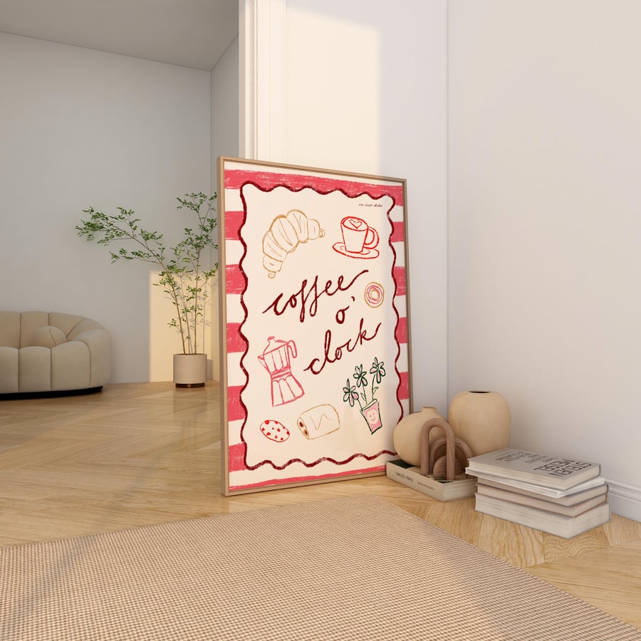 Coffee O Clock Art Print Poster, Coffee Station Wall Art, Trendy Retro Print, Mi