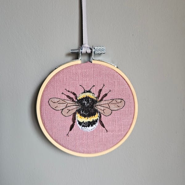 Handmade Bee hanging decoration - mini hoop - applique and embroidery