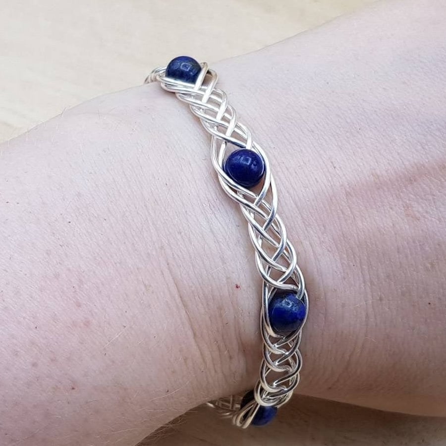 Wire wrap Lapis Lazuli cuff bracelet. September birthstone