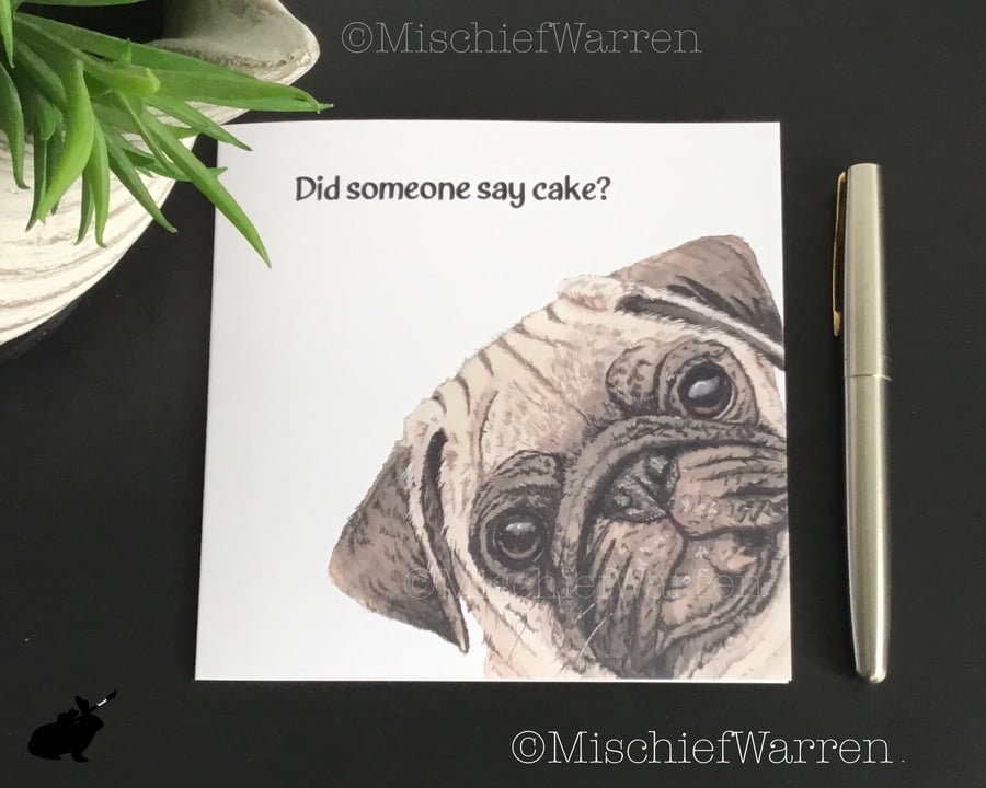 Pug Card. Blank or personalised pug dog card.