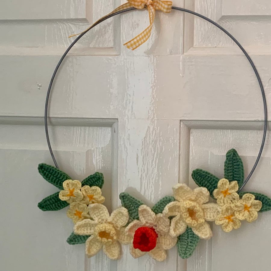 Wreath. Daffodil and primrose spring wreath, Easter decoration crochet wreath 