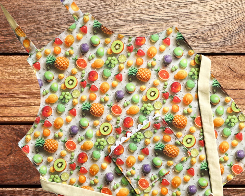 Handmade Children's Apron, Small Apron, Coloured Fruit Design 3-5 yrs-CAPR16