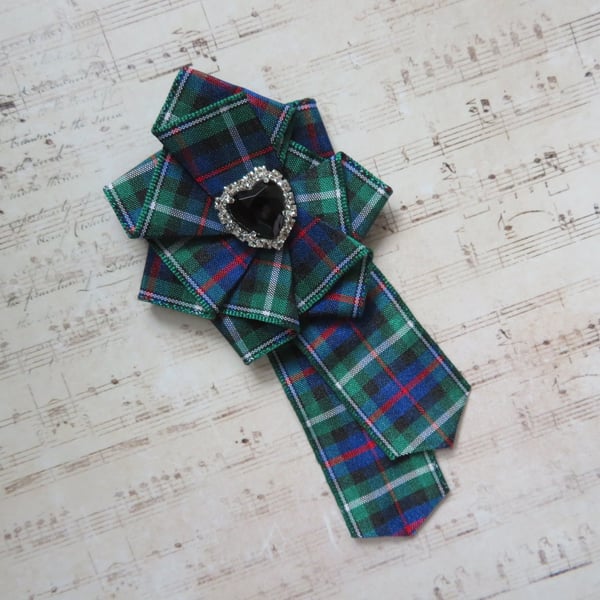 MacKenzie Tartan Ruffle Rosette and Black Heart Crystal Rhinestone Brooch Pin 