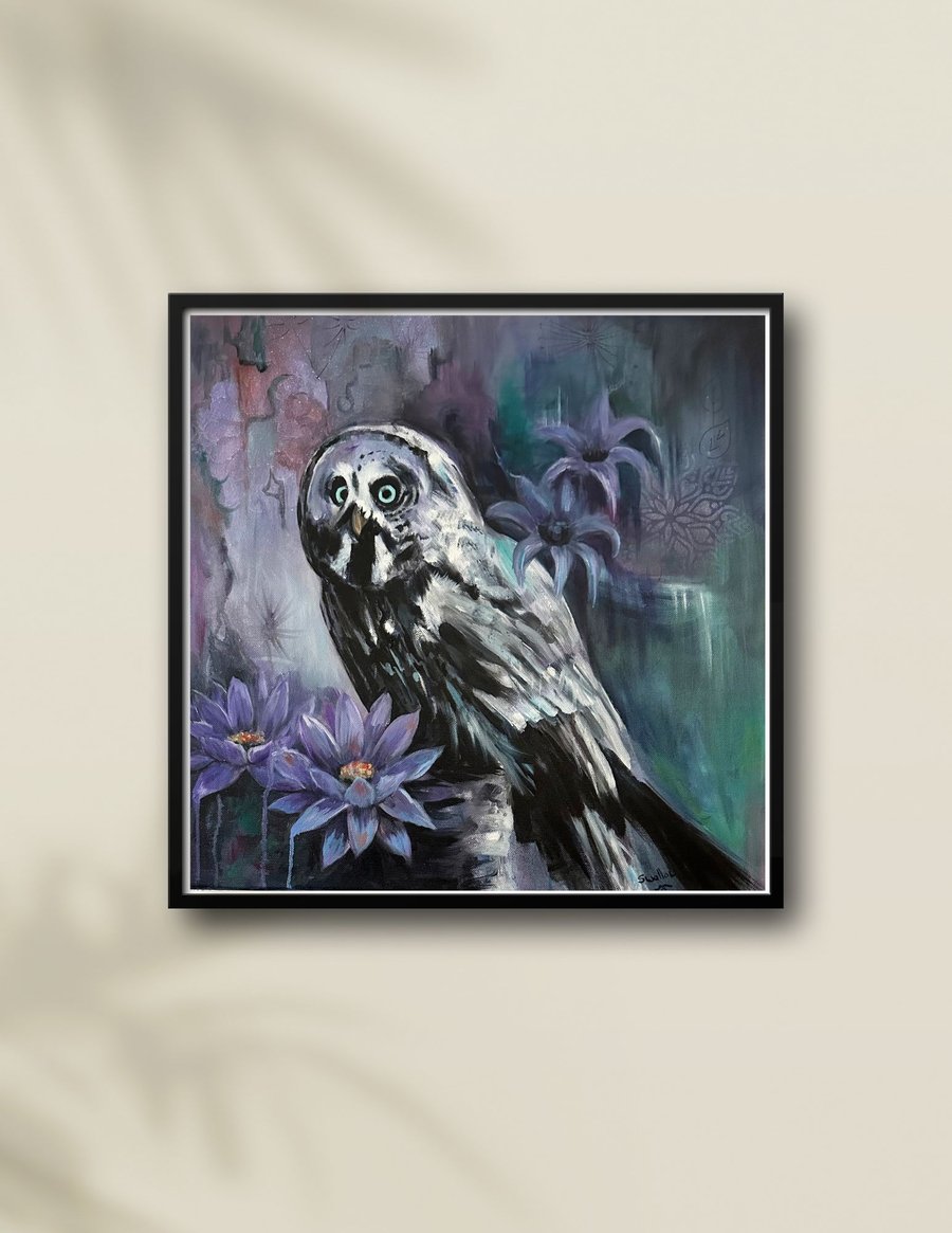 Moonlit Wisdom – Original Owl & Lilac Mixed-Media Painting