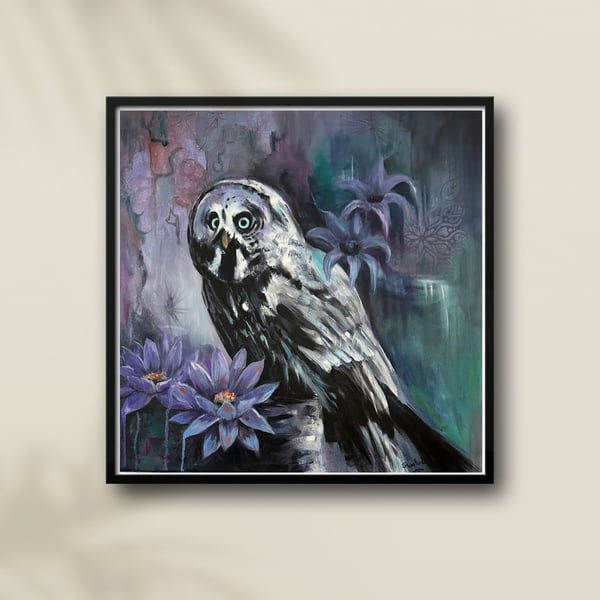 Moonlit Wisdom – Original Owl & Lilac Mixed-Media Painting