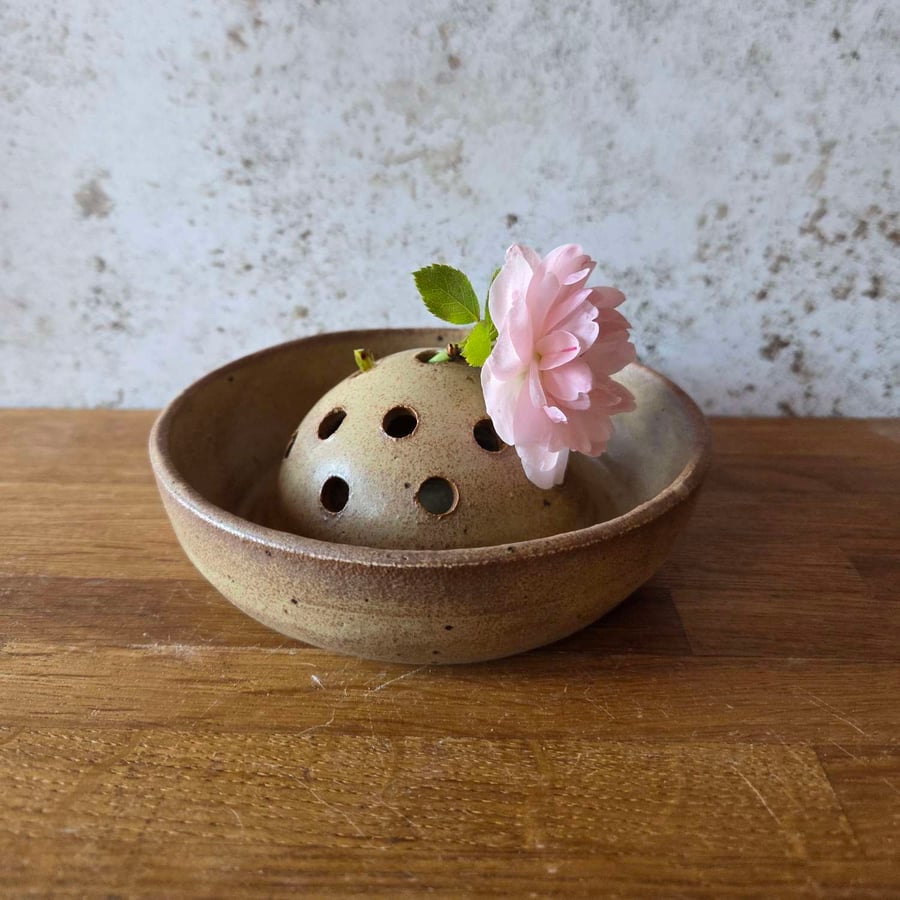 Wheel thrown Stoneware flower frog for flower arranging buds in beige 