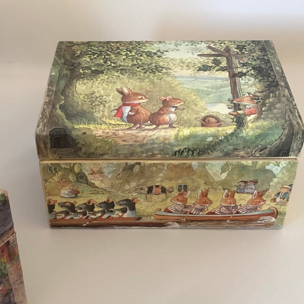 Wooden Decoupaged Children’s Box, Rabbits on the River