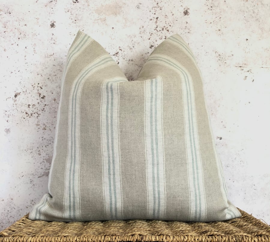 Duck Egg Blue Striped, Washed French Linen, Cushion Cover 16” x 16”