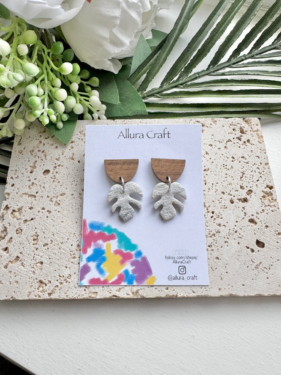 Neutral Monstera and Walnut Earrings