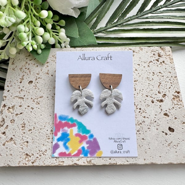 Neutral Monstera and Walnut Earrings