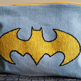 Batman Zippered Pouch Hand Embroidered onto Denim