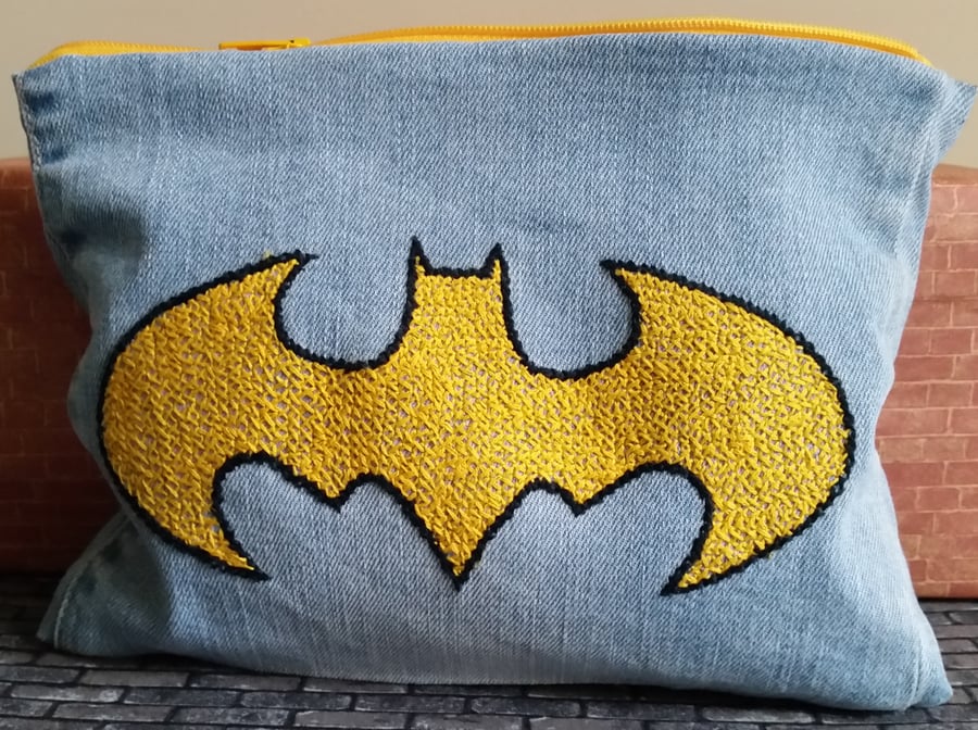 Batman Zippered Pouch Hand Embroidered onto Denim