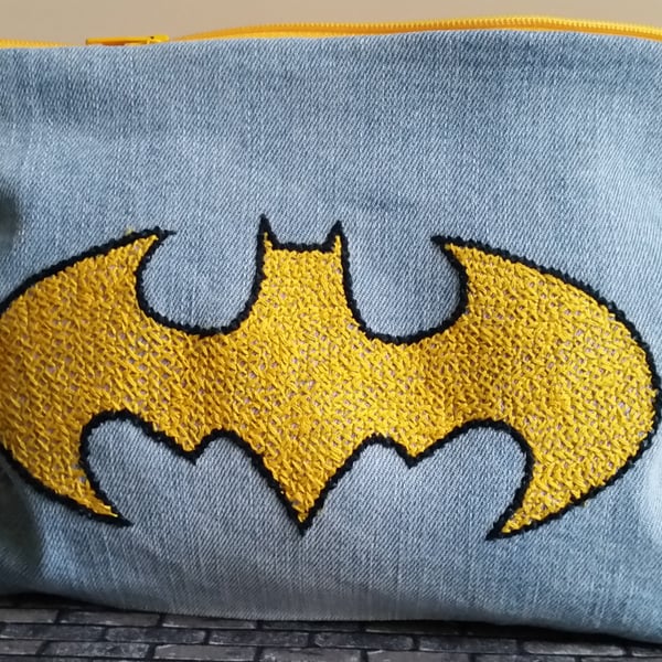 Batman Zippered Pouch Hand Embroidered onto Denim