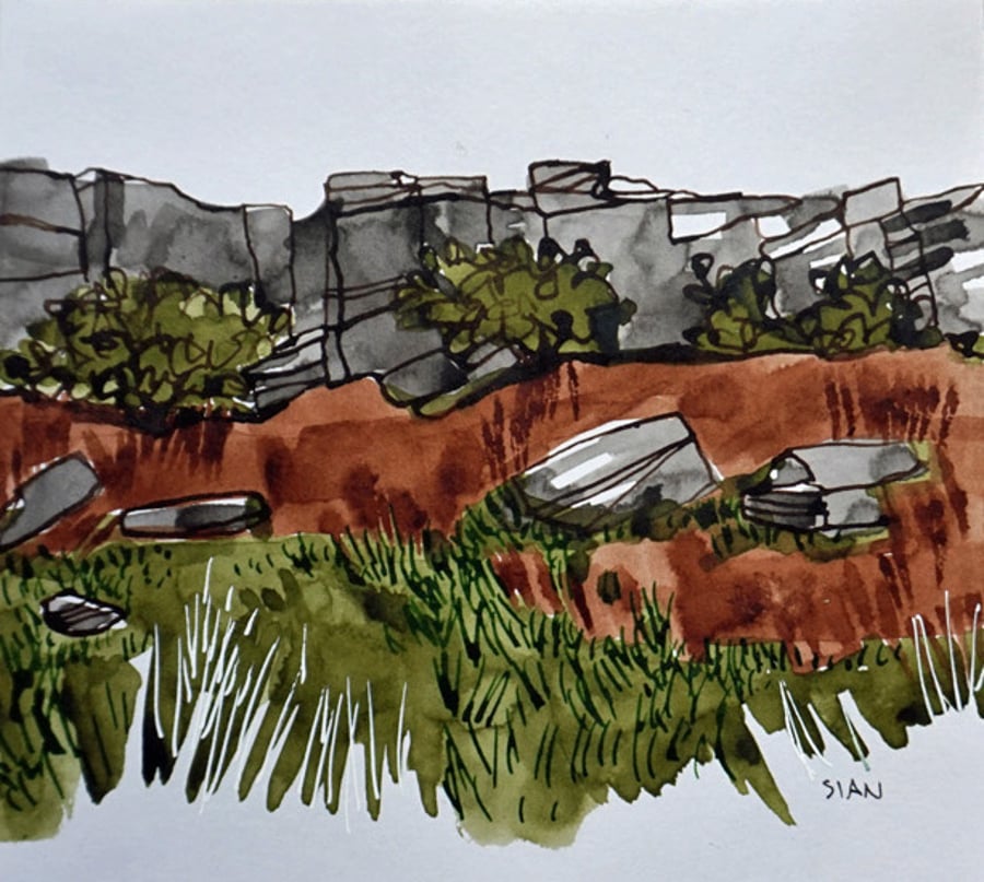 Stanage edge from Stanage Plantation original ink sketch