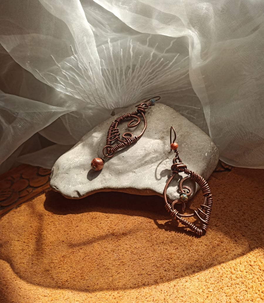 "Planet Earth" Asymmetric Rustic Copper Wire Earrings with Ceramic Beads