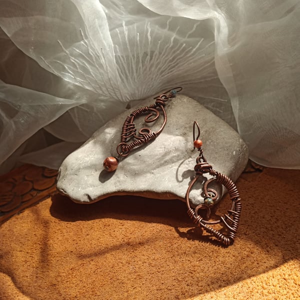 "Planet Earth" Asymmetric Rustic Copper Wire Earrings with Ceramic Beads