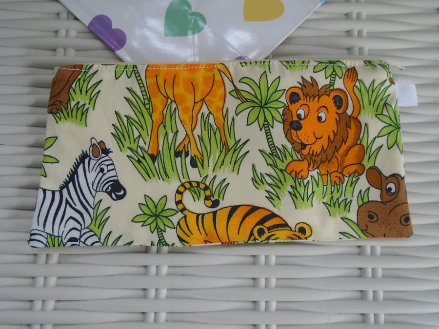 Jungle Animals Pencil Case or Small Make Up Bag.