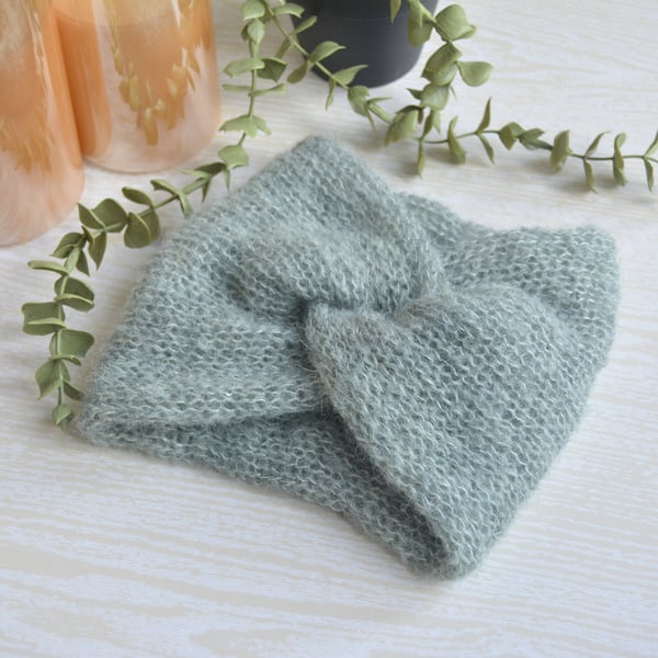 Knitted Wide Headband Soft As A Cloud Twisted Headband Alpaca Silk Spearmint