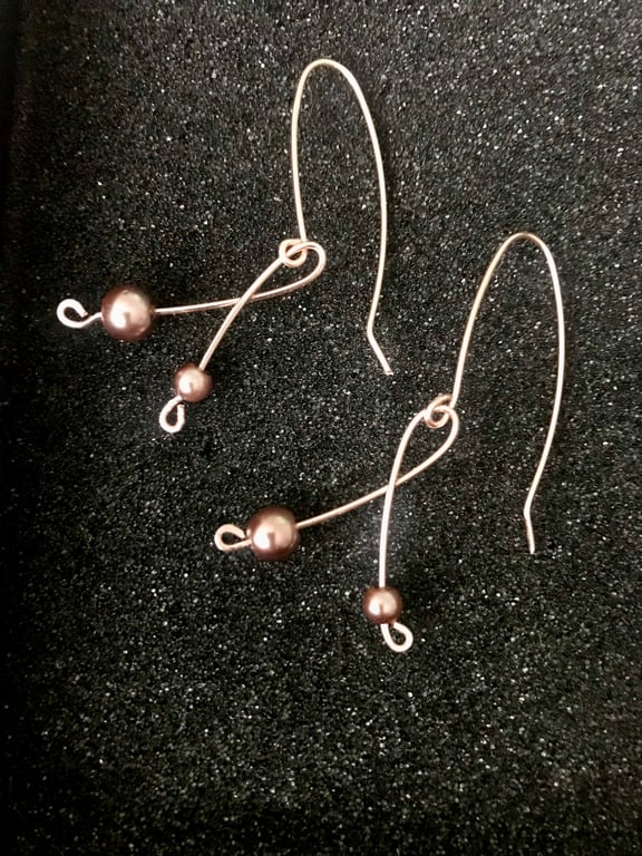Pearl Dangle Earrings in Rose Gold - Glossy Taupe Glass Pearls, Freepost