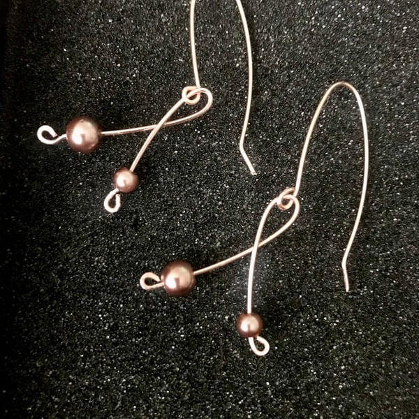 Pearl Dangle Earrings in Rose Gold - Glossy Taupe Glass Pearls, Freepost