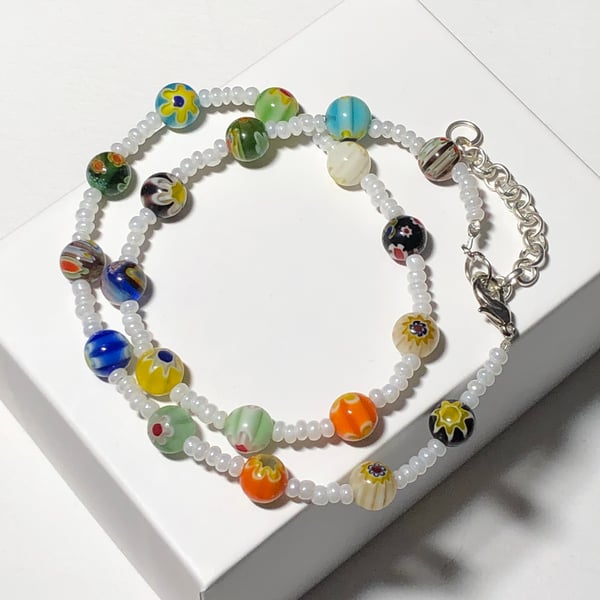 Millefiori rainbow flower choker necklace