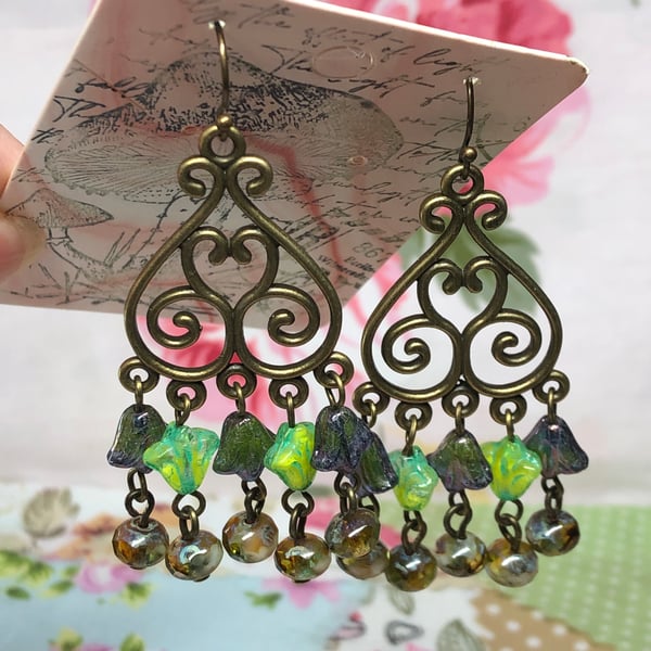 Green glass leaf chandelier earrings 