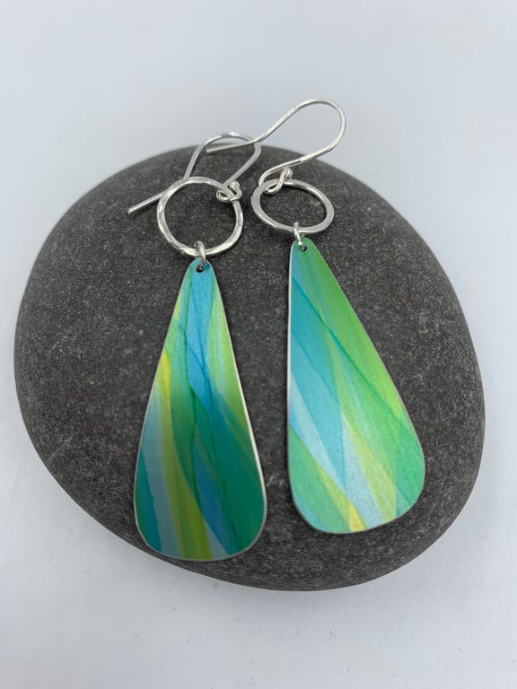 Blue, green and yellow striped drop earrings with silver ring