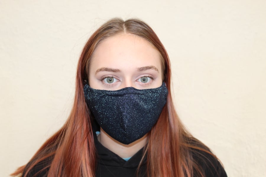 Eco fully washable reusable blue sparkly Fabric Mask,Handmade with filter pocket