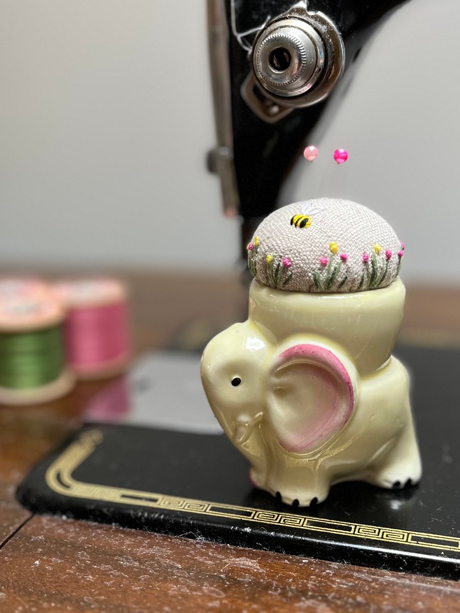 Vintage yellow elephant egg cup embroidered pin cushion with bee and flowers