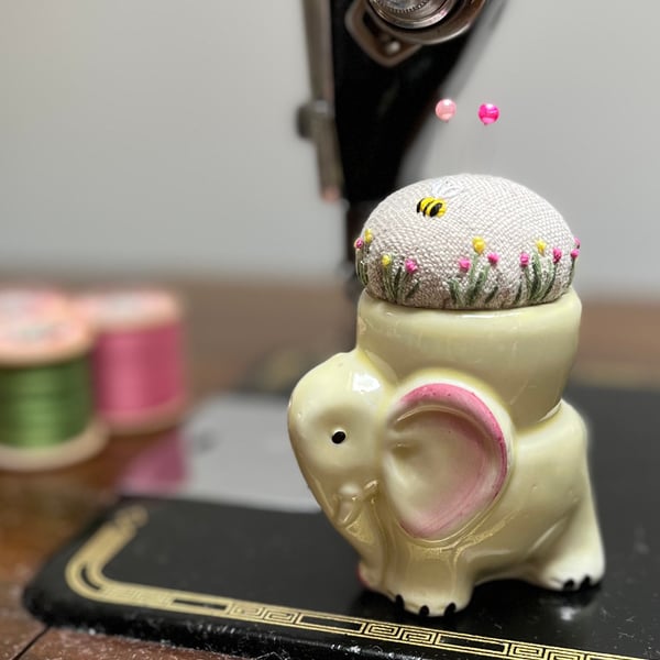 Vintage yellow elephant egg cup embroidered pin cushion with bee and flowers