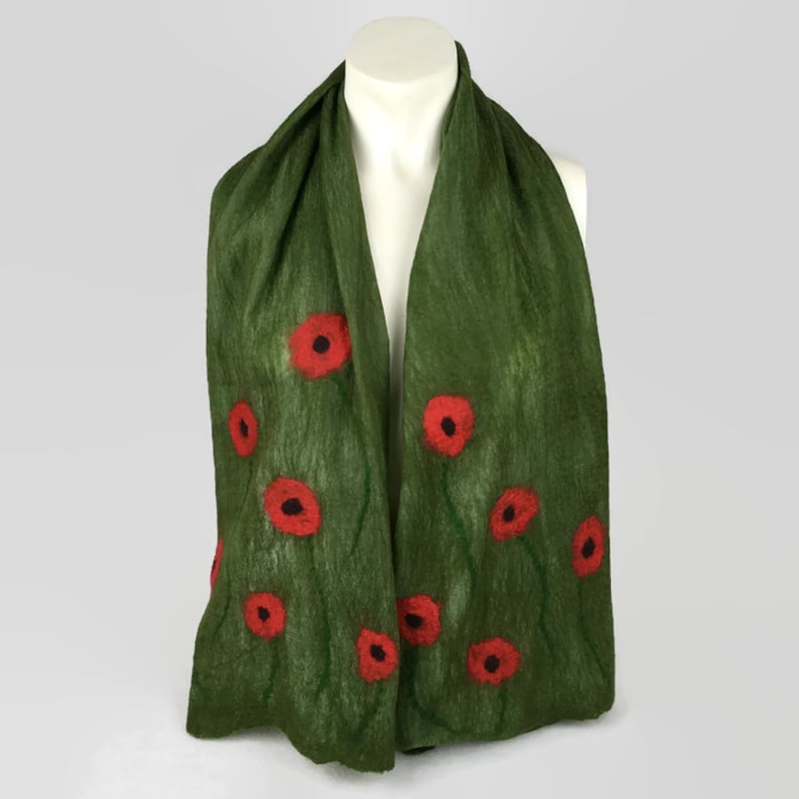 Green merino wool nuno felted scarf, shorter length