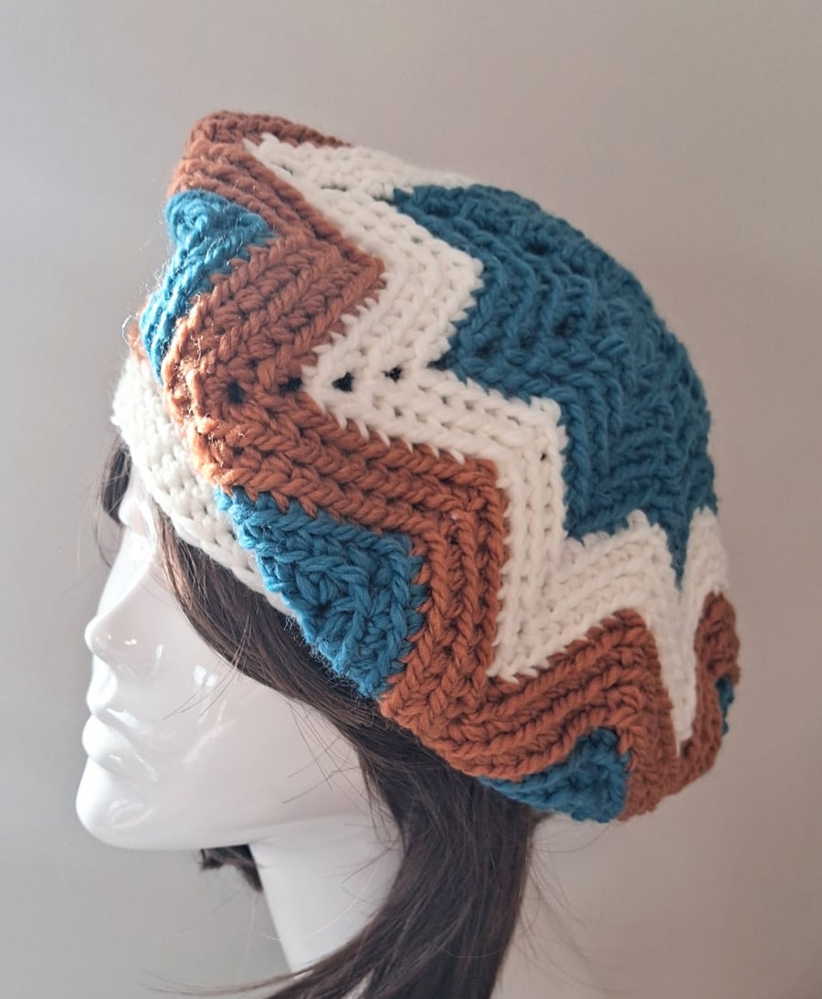 Striped Boho Chevron Crochet Beret in Petrol Blue, Russet and Cream
