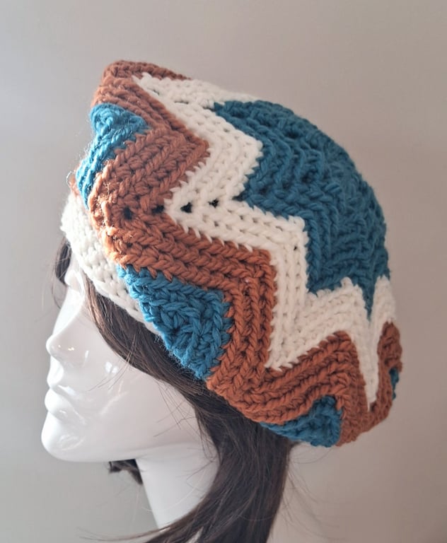 Striped Boho Chevron Crochet Beret in Petrol Blue, Russet and Cream