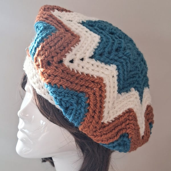 Striped Boho Chevron Crochet Beret in Petrol Blue, Russet and Cream