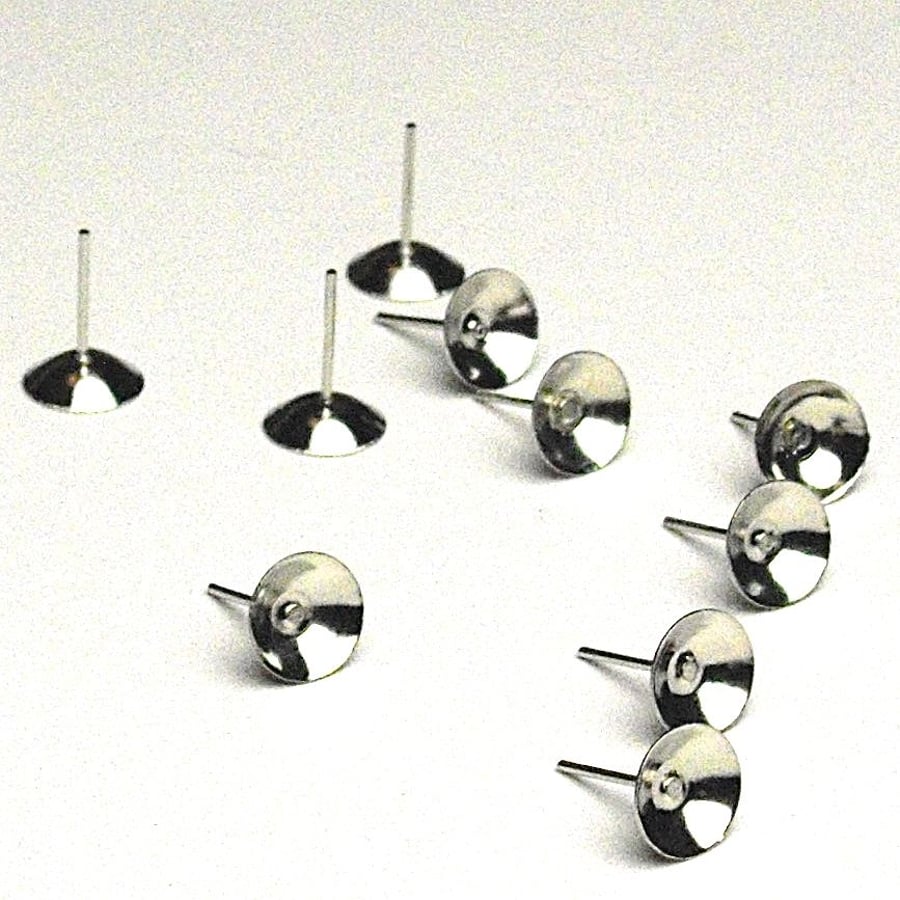 10 x Rhodium Plated 8 mm Cup Stud Earring Findings (5 pairs)