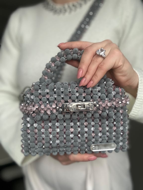 Grey Velvet Beaded Bag with Pink Crystals, Evening Wedding Guest Handbag