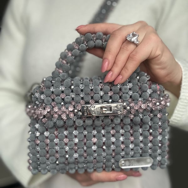Grey Velvet Beaded Bag with Pink Crystals, Evening Wedding Guest Handbag