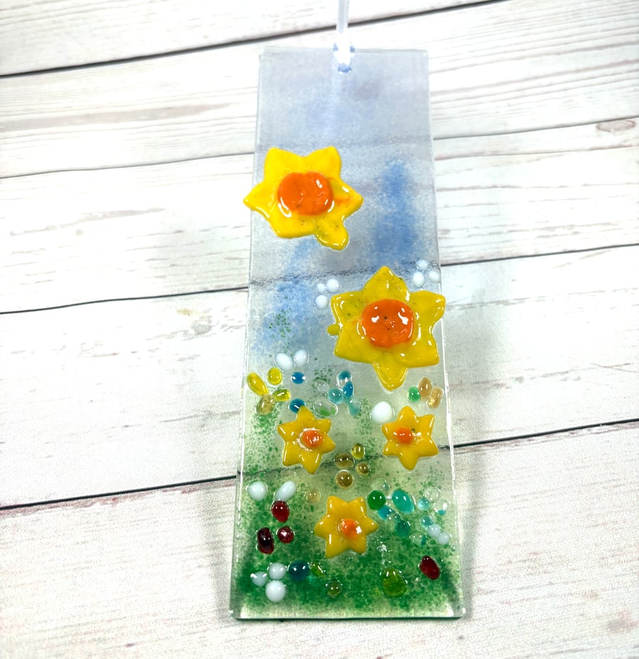 Wall hanging fused glass daffodil panel